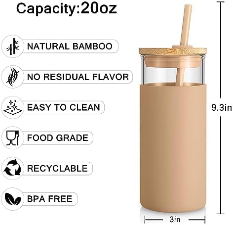 20 oz Glass Tumbler with Lids and Straws, Reusable Iced Coffee Cups | Borosilicate Glass Cups with Bamboo Lid, Silicone Sleeve, Dishwasher Safe, Cup Holder Friendly, BPA-Free, Iced Coffee Tumbler - Colors A