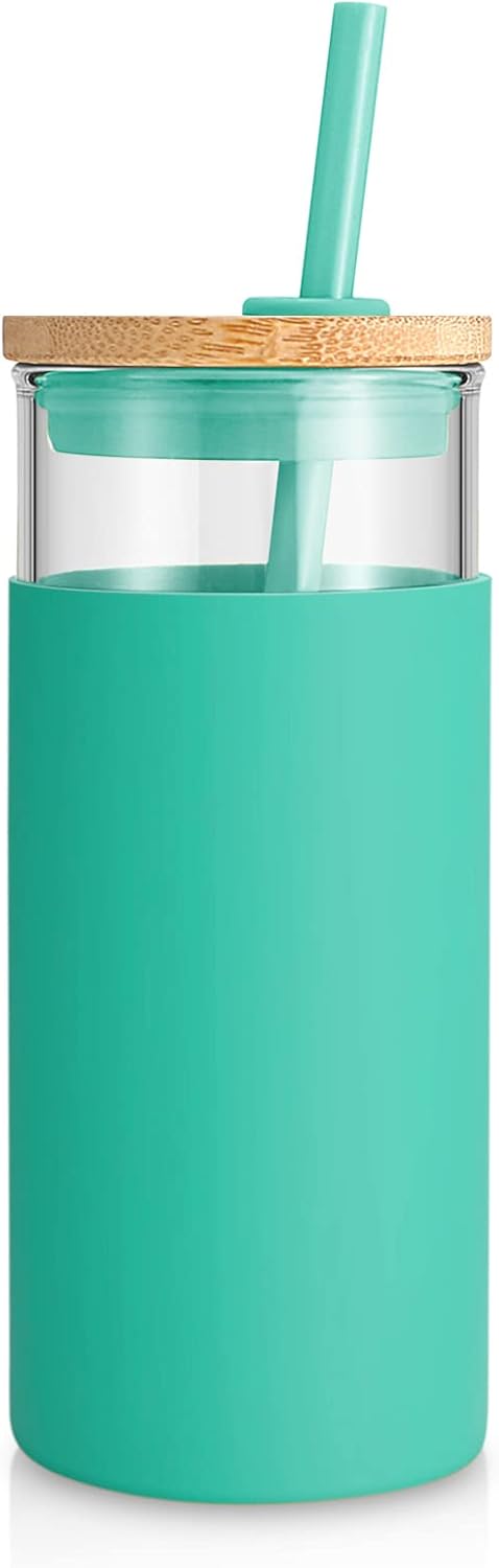 20 oz Glass Tumbler with Lids and Straws, Reusable Iced Coffee Cups | Borosilicate Glass Cups with Bamboo Lid, Silicone Sleeve, Dishwasher Safe, Cup Holder Friendly, BPA-Free, Iced Coffee Tumbler - Colors A