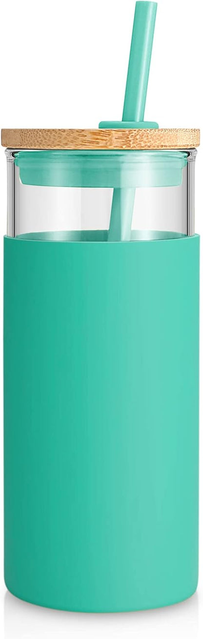 20 oz Glass Tumbler with Lids and Straws, Reusable Iced Coffee Cups | Borosilicate Glass Cups with Bamboo Lid, Silicone Sleeve, Dishwasher Safe, Cup Holder Friendly, BPA-Free, Iced Coffee Tumbler - Colors A