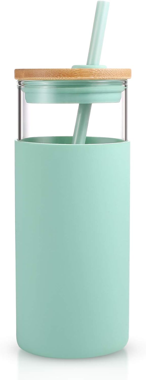 20 oz Glass Tumbler with Lids and Straws, Reusable Iced Coffee Cups | Borosilicate Glass Cups with Bamboo Lid, Silicone Sleeve, Dishwasher Safe, Cup Holder Friendly, BPA-Free, Iced Coffee Tumbler - Colors A