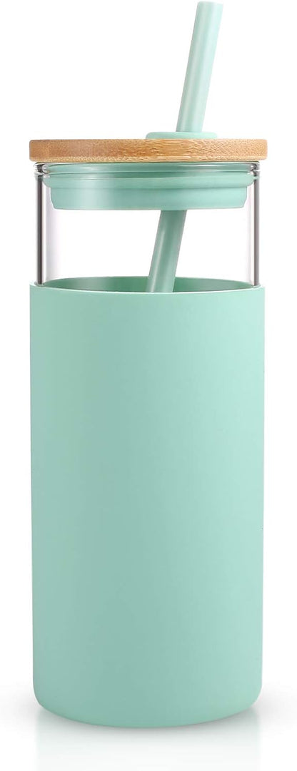 20 oz Glass Tumbler with Lids and Straws, Reusable Iced Coffee Cups | Borosilicate Glass Cups with Bamboo Lid, Silicone Sleeve, Dishwasher Safe, Cup Holder Friendly, BPA-Free, Iced Coffee Tumbler - Colors A