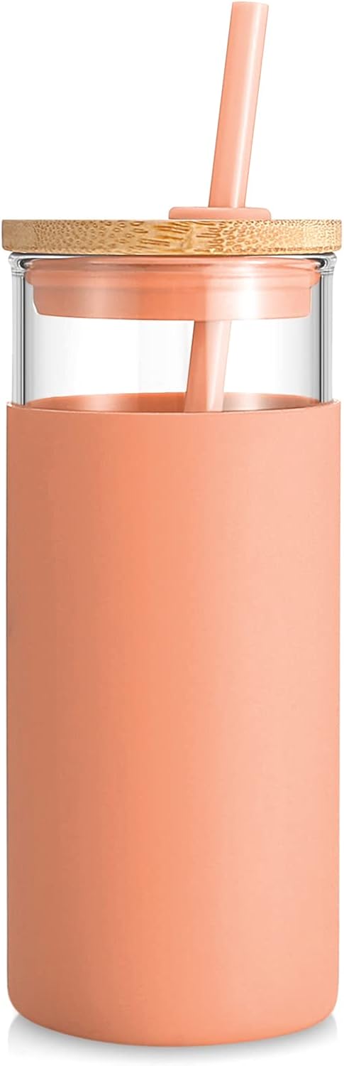 20 oz Glass Tumbler with Lids and Straws, Reusable Iced Coffee Cups | Borosilicate Glass Cups with Bamboo Lid, Silicone Sleeve, Dishwasher Safe, Cup Holder Friendly, BPA-Free, Iced Coffee Tumbler - Colors A