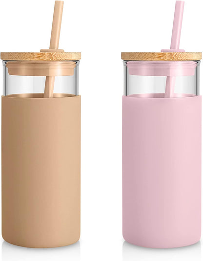 20 oz Glass Tumbler with Lids and Straws, Reusable Iced Coffee Cups | Borosilicate Glass Cups with Bamboo Lid, Silicone Sleeve, Dishwasher Safe, Cup Holder Friendly, BPA-Free, Iced Coffee Tumbler - Colors A