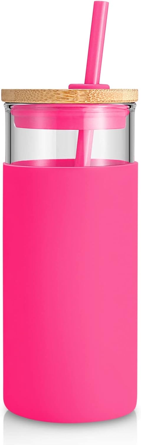 20 oz Glass Tumbler with Lids and Straws, Reusable Iced Coffee Cups | Borosilicate Glass Cups with Bamboo Lid, Silicone Sleeve, Dishwasher Safe, Cup Holder Friendly, BPA-Free, Iced Coffee Tumbler - Colors A