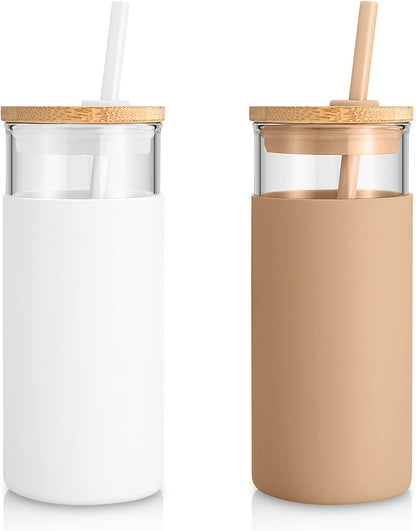 20 oz Glass Tumbler with Lids and Straws, Reusable Iced Coffee Cups | Borosilicate Glass Cups with Bamboo Lid, Silicone Sleeve, Dishwasher Safe, Cup Holder Friendly, BPA-Free, Iced Coffee Tumbler - Colors A
