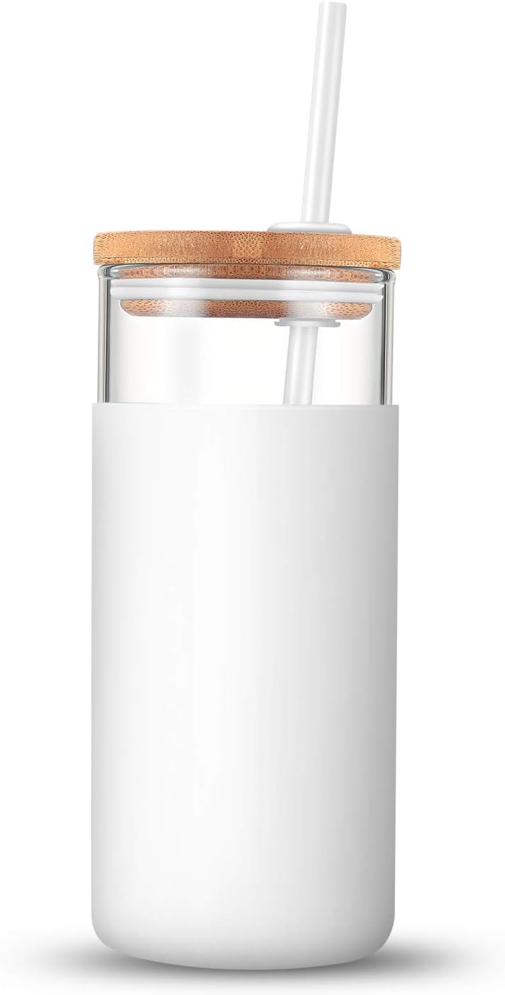 20 oz Glass Tumbler with Lids and Straws, Reusable Iced Coffee Cups | Borosilicate Glass Cups with Bamboo Lid, Silicone Sleeve, Dishwasher Safe, Cup Holder Friendly, BPA-Free, Iced Coffee Tumbler - Colors A