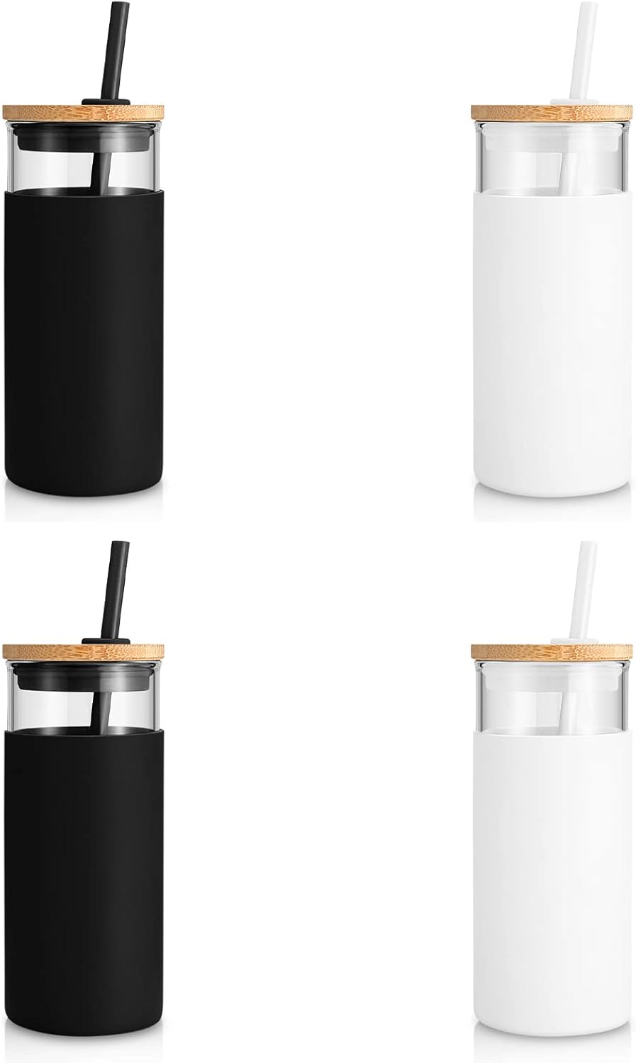20 oz Glass Tumbler with Lids and Straws, Reusable Iced Coffee Cups | Borosilicate Glass Cups with Bamboo Lid, Silicone Sleeve, Dishwasher Safe, Cup Holder Friendly, BPA-Free, Iced Coffee Tumbler - Colors A