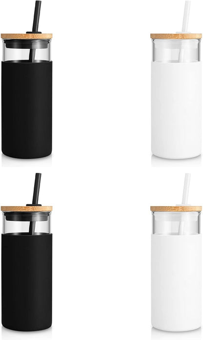 20 oz Glass Tumbler with Lids and Straws, Reusable Iced Coffee Cups | Borosilicate Glass Cups with Bamboo Lid, Silicone Sleeve, Dishwasher Safe, Cup Holder Friendly, BPA-Free, Iced Coffee Tumbler - Colors A