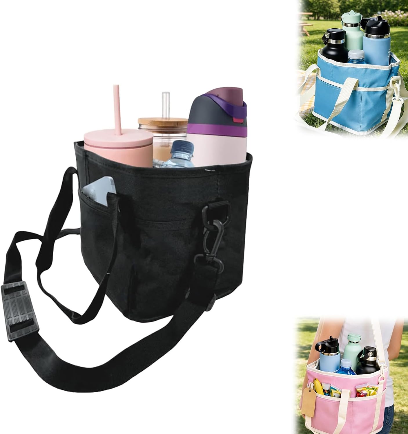 Family Size 4 Compartment Drink Bag, Insulated Multiple Tumbler Holder Caddy with Adjustable Strap, No-Spill Reusable Beverage Carrier for Hiking, Walking, Sports, Family Outings & Daily