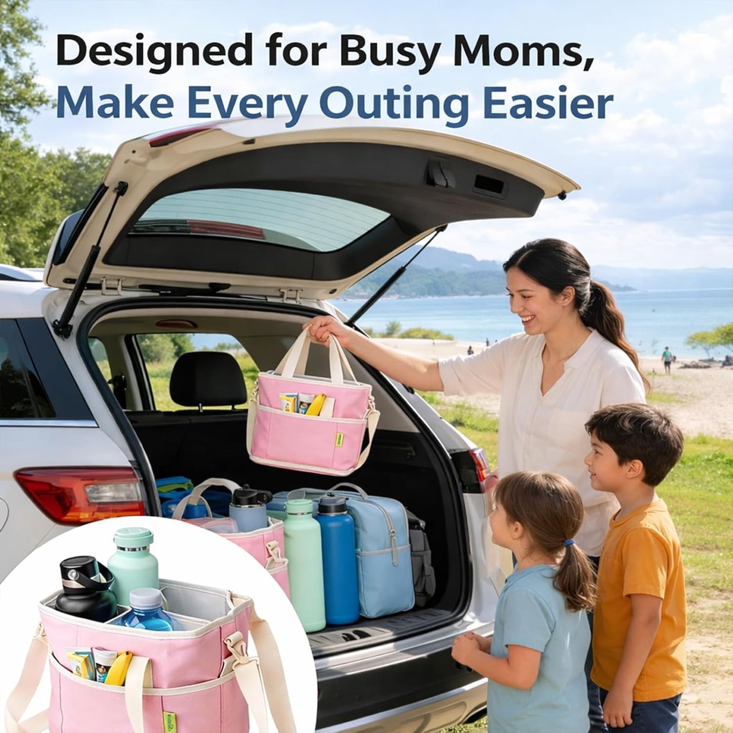 Family Size 4 Compartment Drink Bag, Insulated Multiple Tumbler Holder Caddy with Adjustable Strap, No-Spill Reusable Beverage Carrier for Hiking, Walking, Sports, Family Outings & Daily