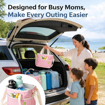 Family Size 4 Compartment Drink Bag, Insulated Multiple Tumbler Holder Caddy with Adjustable Strap, No-Spill Reusable Beverage Carrier for Hiking, Walking, Sports, Family Outings & Daily
