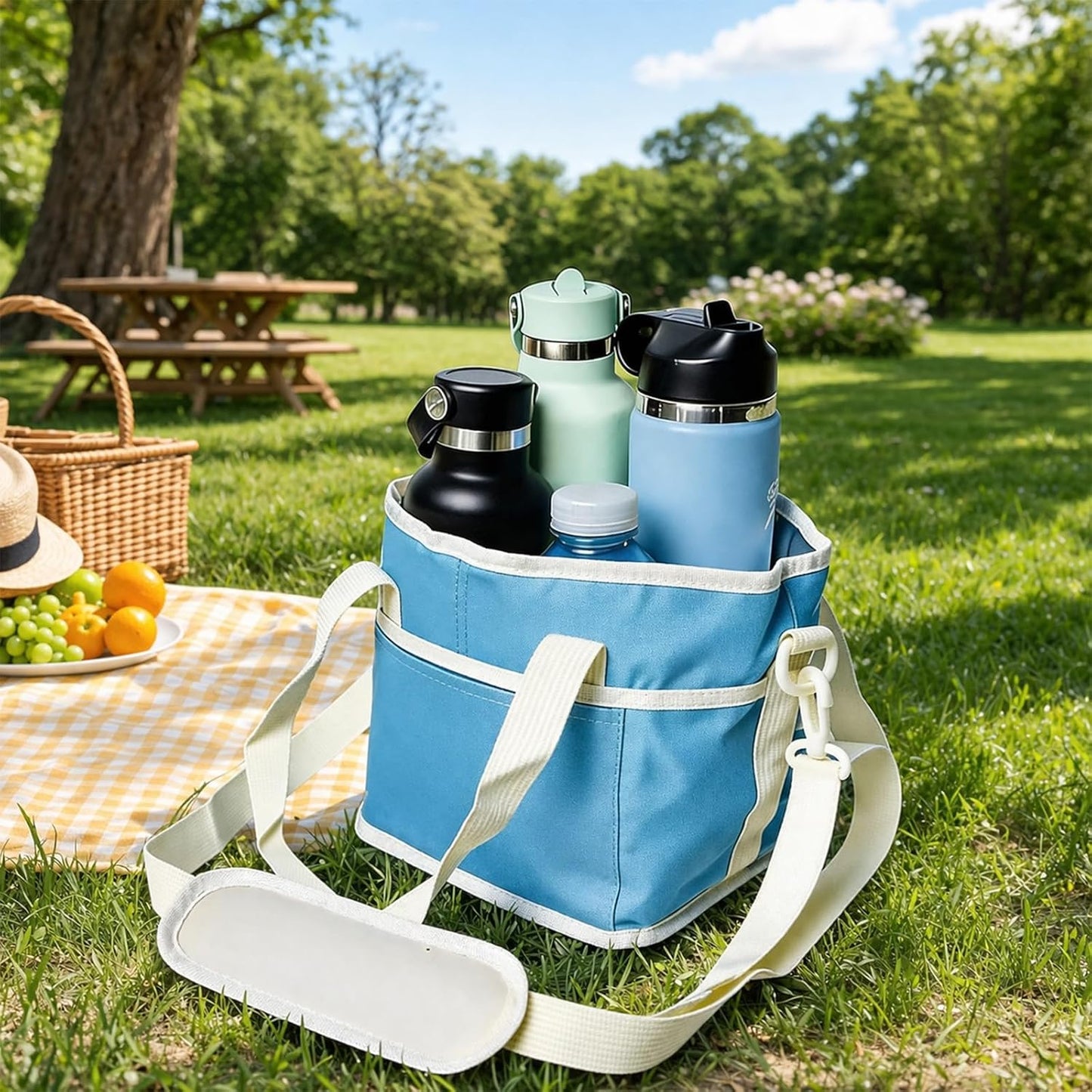 Family Size 4 Compartment Drink Bag, Insulated Multiple Tumbler Holder Caddy with Adjustable Strap, No-Spill Reusable Beverage Carrier for Hiking, Walking, Sports, Family Outings & Daily