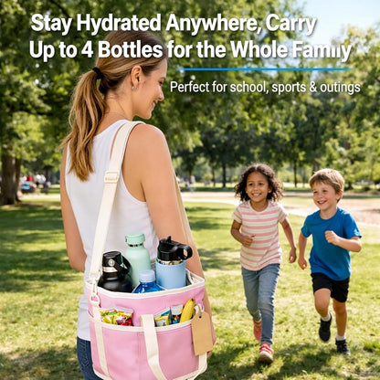 Family Size 4 Compartment Drink Bag, Insulated Multiple Tumbler Holder Caddy with Adjustable Strap, No-Spill Reusable Beverage Carrier for Hiking, Walking, Sports, Family Outings & Daily