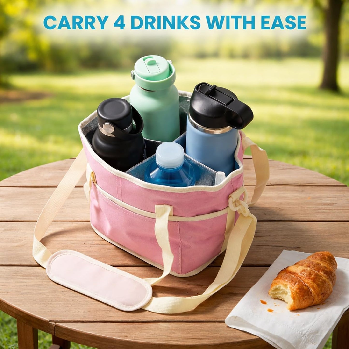 Family Size 4 Compartment Drink Bag, Insulated Multiple Tumbler Holder Caddy with Adjustable Strap, No-Spill Reusable Beverage Carrier for Hiking, Walking, Sports, Family Outings & Daily