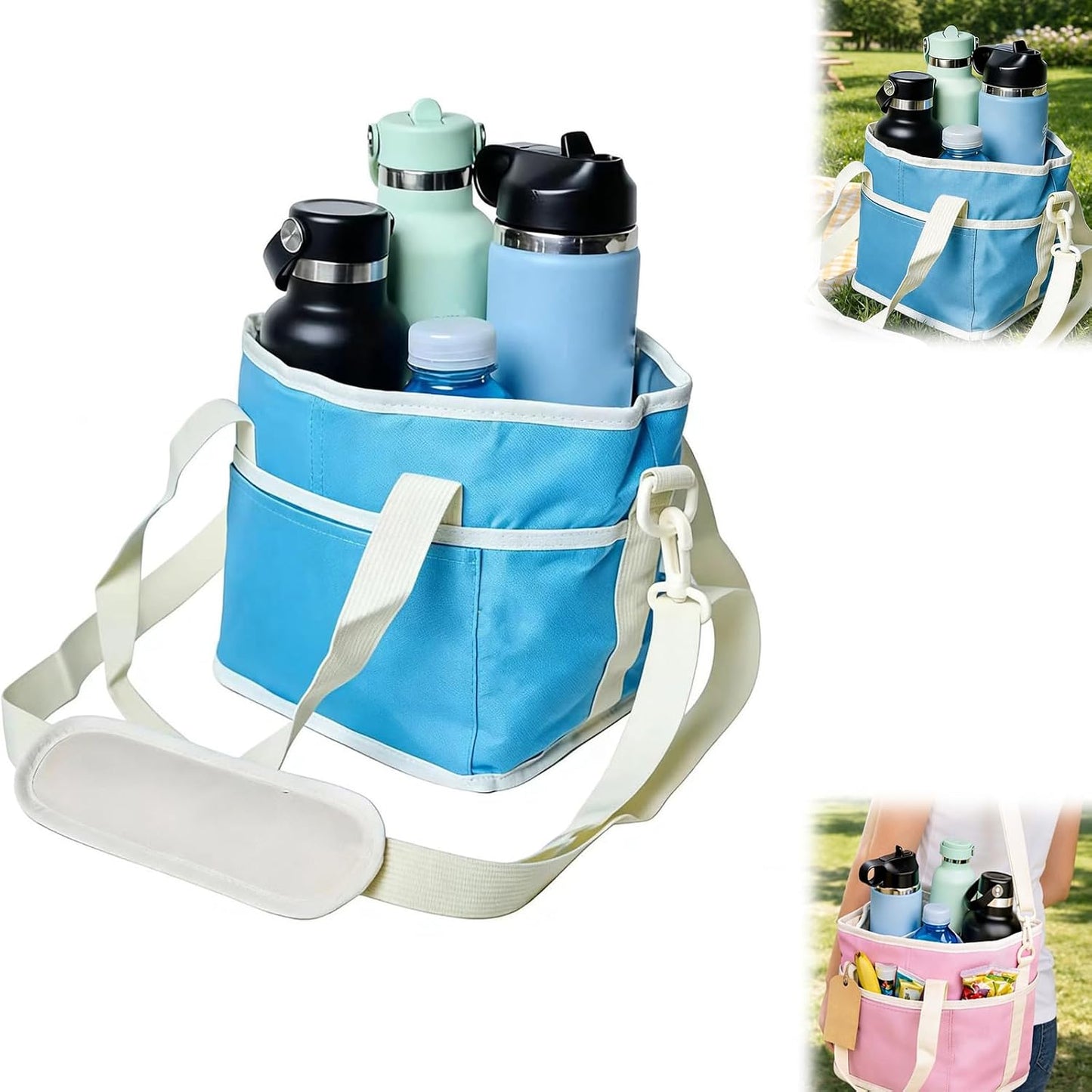 Family Size 4 Compartment Drink Bag, Insulated Multiple Tumbler Holder Caddy with Adjustable Strap, No-Spill Reusable Beverage Carrier for Hiking, Walking, Sports, Family Outings & Daily