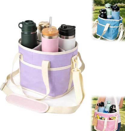 Family Size 4 Compartment Drink Bag, Insulated Multiple Tumbler Holder Caddy with Adjustable Strap, No-Spill Reusable Beverage Carrier for Hiking, Walking, Sports, Family Outings & Daily