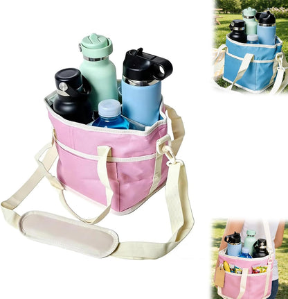 Family Size 4 Compartment Drink Bag, Insulated Multiple Tumbler Holder Caddy with Adjustable Strap, No-Spill Reusable Beverage Carrier for Hiking, Walking, Sports, Family Outings & Daily