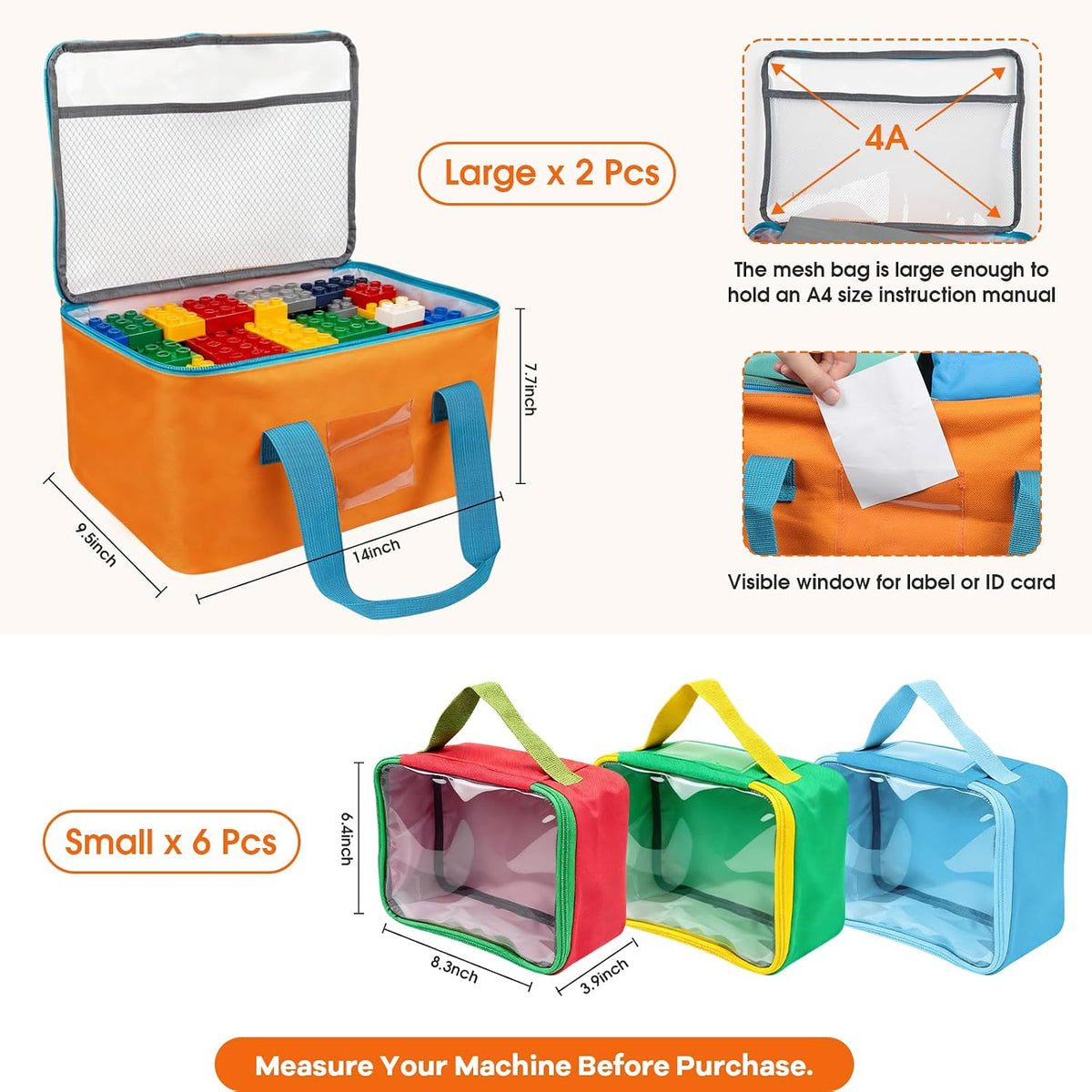 8 Packs Magnetic Tiles Storage Bags, Multi-Size Toy Organizer with Mesh Pockets & Label Pockets for Magnetic Building Tiles, Lego, Puzzle, Board Game, Travel Case