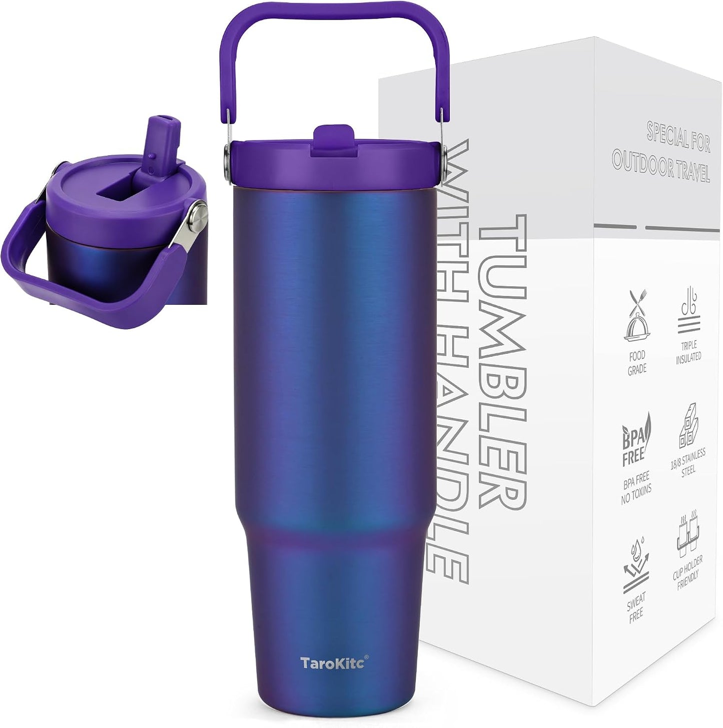 30 oz Tumbler with Handle and Flip Straw, Triple-Wall Vacuum Insulated Water Bottle, Leakproof Reusable Travel Mug for Home, Outdoors, Fit in Car Cup Holder, Cold for 30 Hrs,Pink