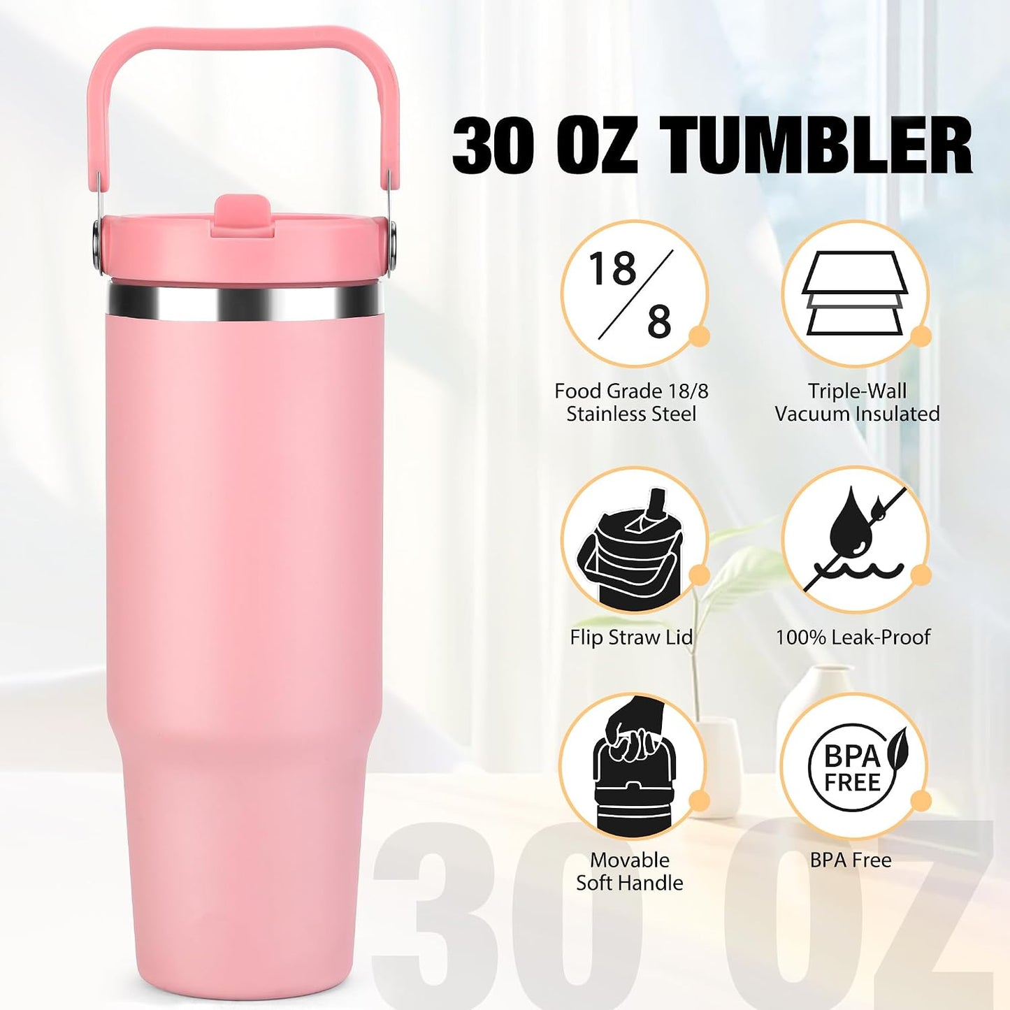 30 oz Tumbler with Handle and Flip Straw, Triple-Wall Vacuum Insulated Water Bottle, Leakproof Reusable Travel Mug for Home, Outdoors, Fit in Car Cup Holder, Cold for 30 Hrs,Pink