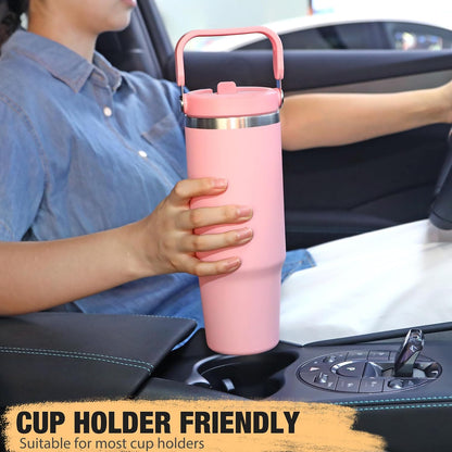 30 oz Tumbler with Handle and Flip Straw, Triple-Wall Vacuum Insulated Water Bottle, Leakproof Reusable Travel Mug for Home, Outdoors, Fit in Car Cup Holder, Cold for 30 Hrs,Pink