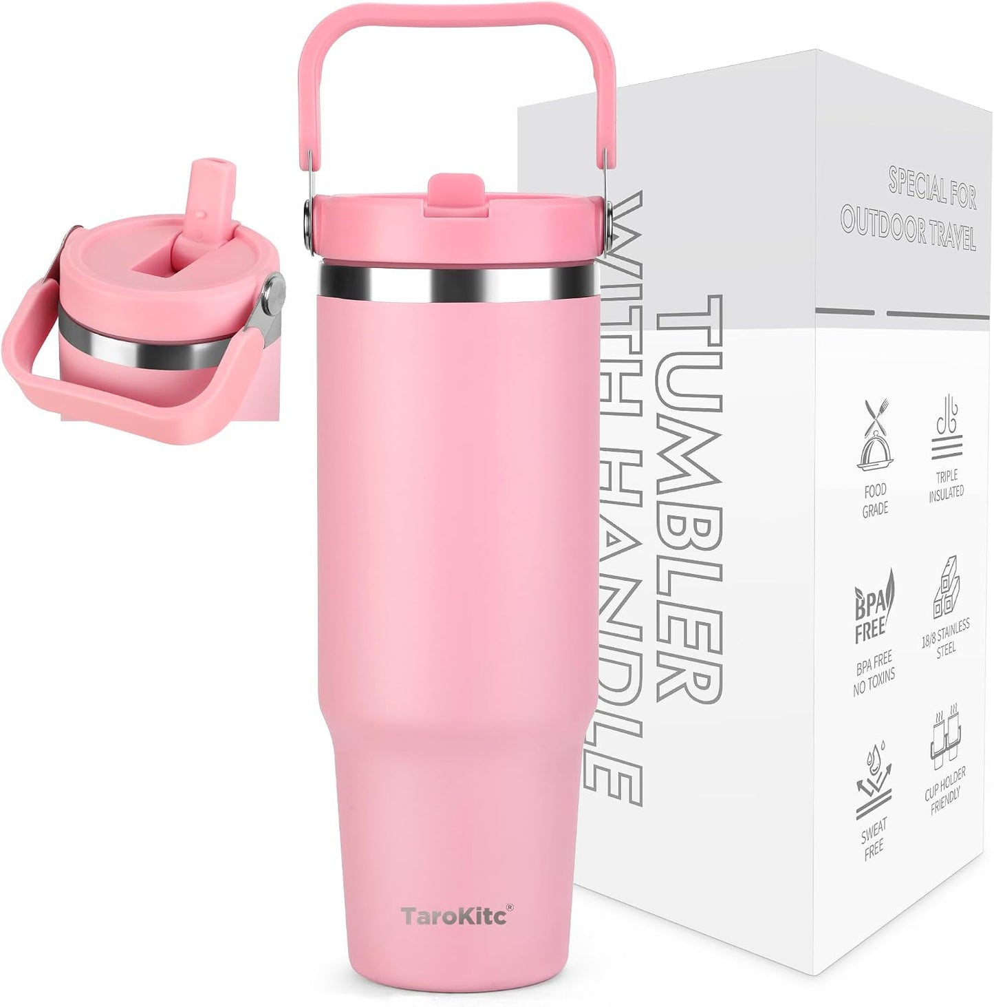 30 oz Tumbler with Handle and Flip Straw, Triple-Wall Vacuum Insulated Water Bottle, Leakproof Reusable Travel Mug for Home, Outdoors, Fit in Car Cup Holder, Cold for 30 Hrs,Pink