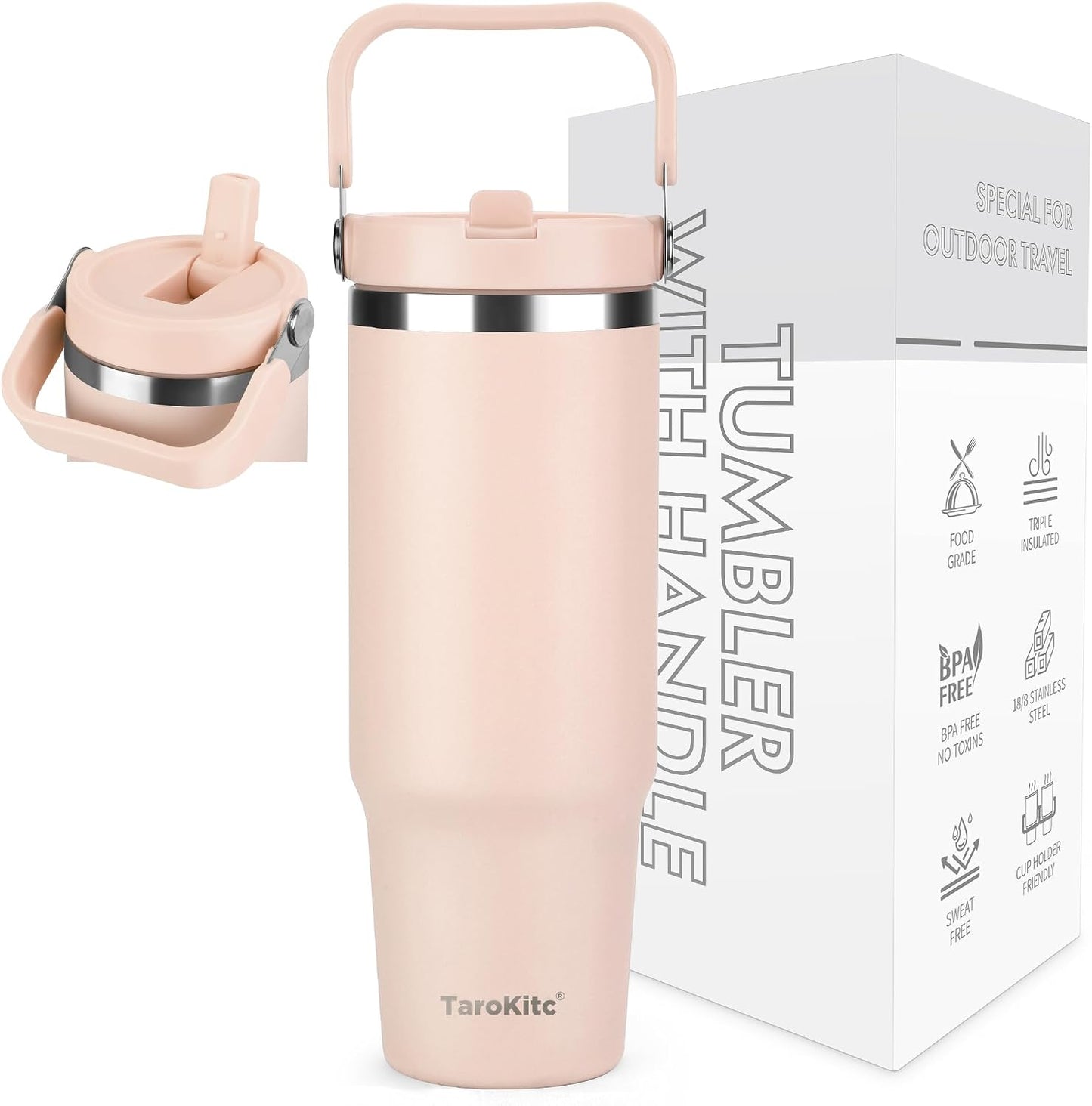 30 oz Tumbler with Handle and Flip Straw, Triple-Wall Vacuum Insulated Water Bottle, Leakproof Reusable Travel Mug for Home, Outdoors, Fit in Car Cup Holder, Cold for 30 Hrs,Pink
