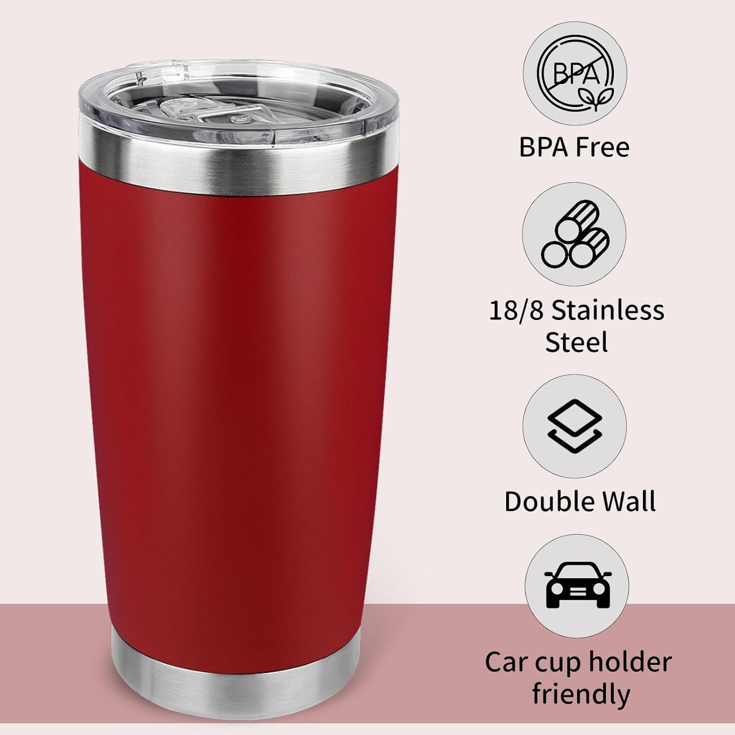 20oz Stainless Steel Tumbler with Lid, Travel Mug - Double Wall Vacuum Powder Coated Cup - Red, 1 Pack