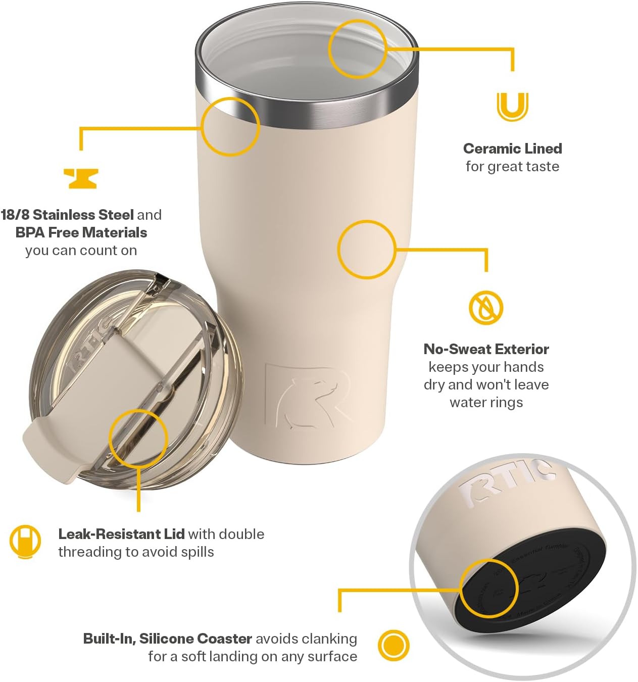 20oz Essential Tumbler with Lid, Ceramic Lined, White | Insulated, Stainless Steel Metal, Portable Travel Cup for Hot and Cold Drinks, Coffee, Car, Camping and Travel
