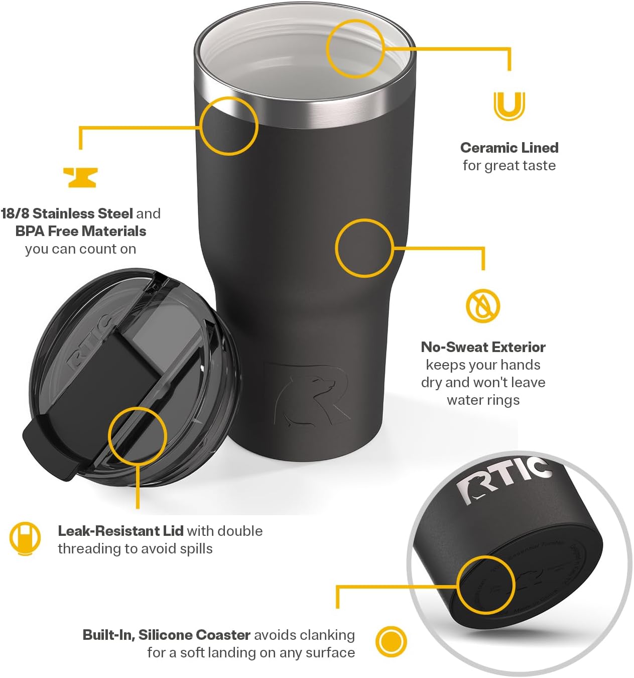 20oz Essential Tumbler with Lid, Ceramic Lined, White | Insulated, Stainless Steel Metal, Portable Travel Cup for Hot and Cold Drinks, Coffee, Car, Camping and Travel