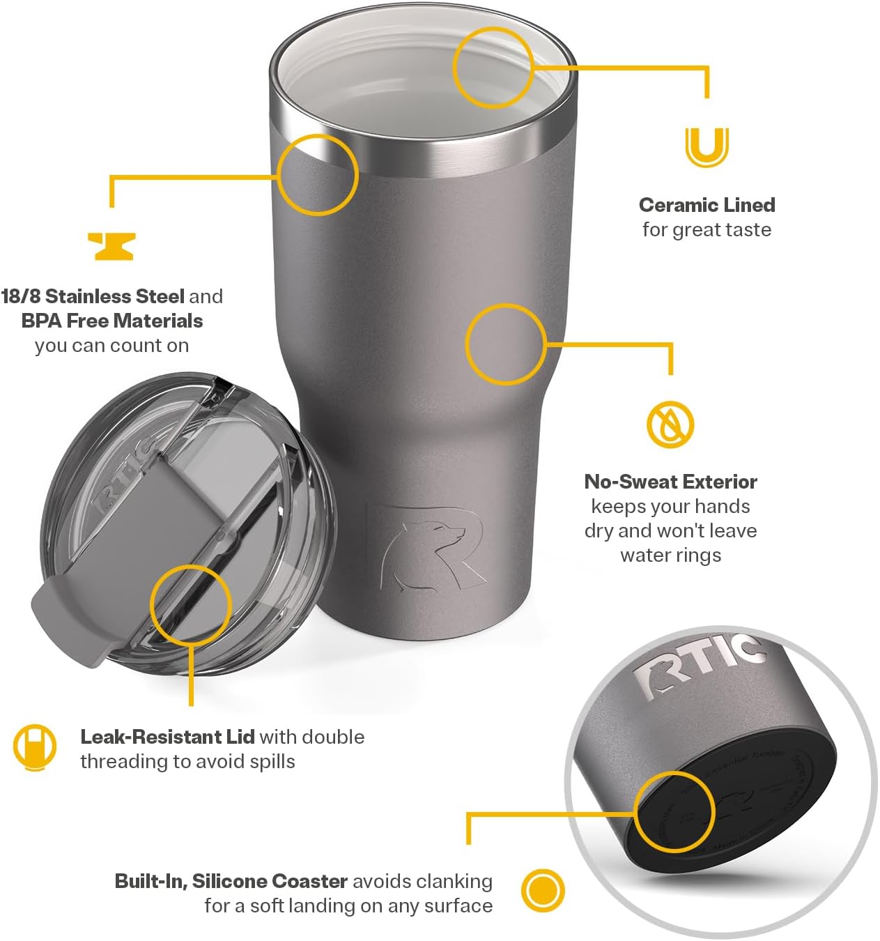 20oz Essential Tumbler with Lid, Ceramic Lined, White | Insulated, Stainless Steel Metal, Portable Travel Cup for Hot and Cold Drinks, Coffee, Car, Camping and Travel