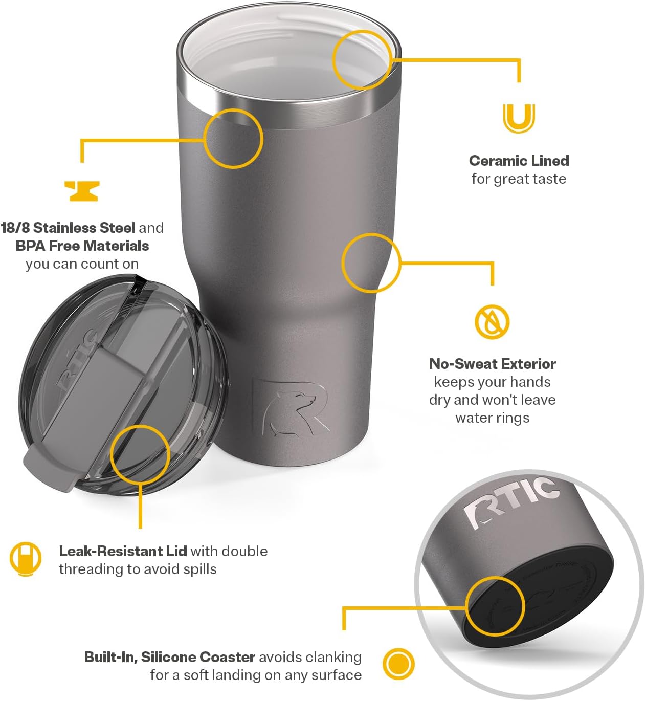 20oz Essential Tumbler with Lid, Ceramic Lined, White | Insulated, Stainless Steel Metal, Portable Travel Cup for Hot and Cold Drinks, Coffee, Car, Camping and Travel