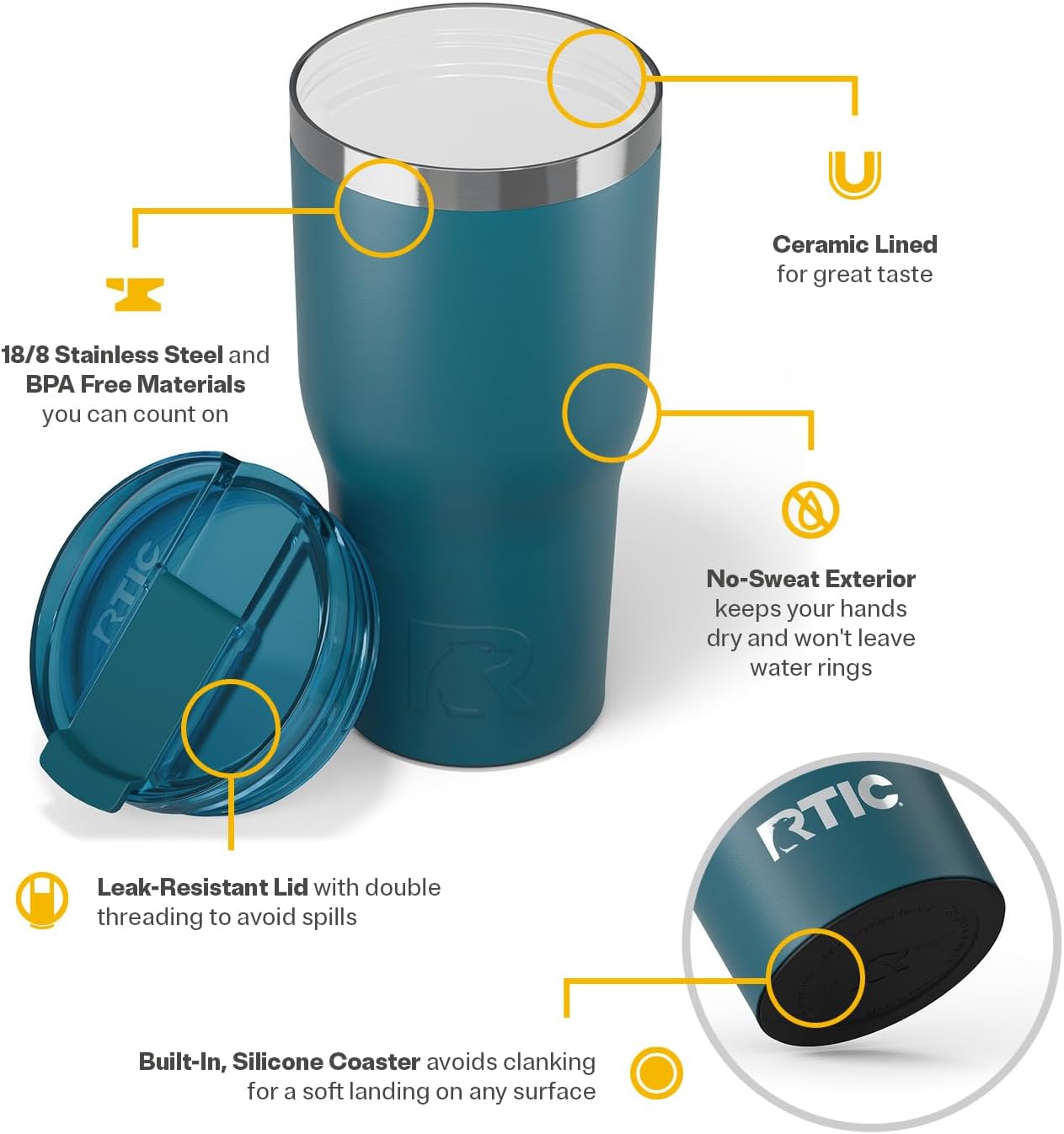 20oz Essential Tumbler with Lid, Ceramic Lined, White | Insulated, Stainless Steel Metal, Portable Travel Cup for Hot and Cold Drinks, Coffee, Car, Camping and Travel