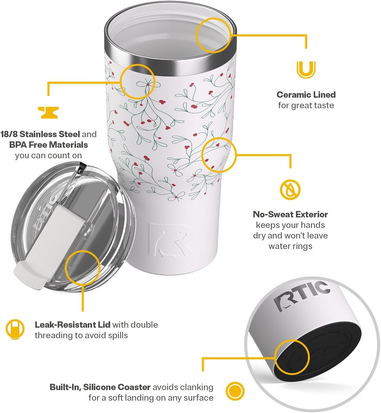 20oz Essential Tumbler with Lid, Ceramic Lined, White | Insulated, Stainless Steel Metal, Portable Travel Cup for Hot and Cold Drinks, Coffee, Car, Camping and Travel