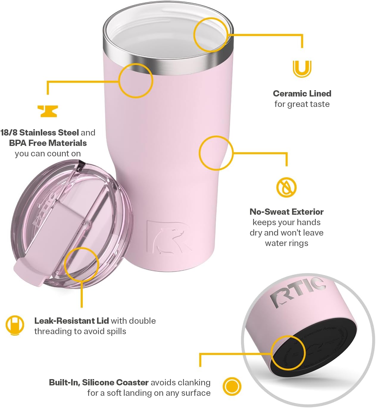 20oz Essential Tumbler with Lid, Ceramic Lined, White | Insulated, Stainless Steel Metal, Portable Travel Cup for Hot and Cold Drinks, Coffee, Car, Camping and Travel