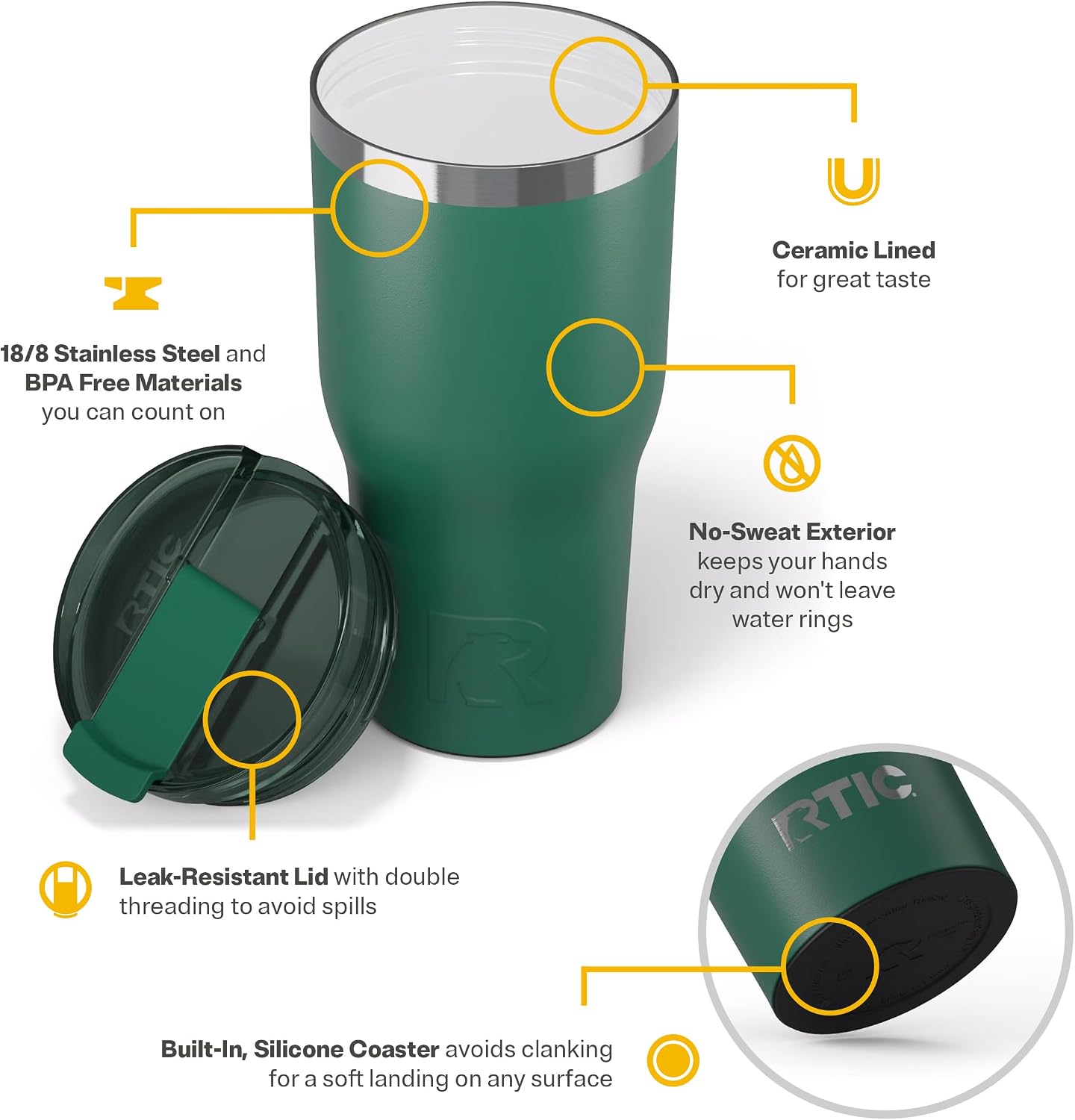 20oz Essential Tumbler with Lid, Ceramic Lined, White | Insulated, Stainless Steel Metal, Portable Travel Cup for Hot and Cold Drinks, Coffee, Car, Camping and Travel