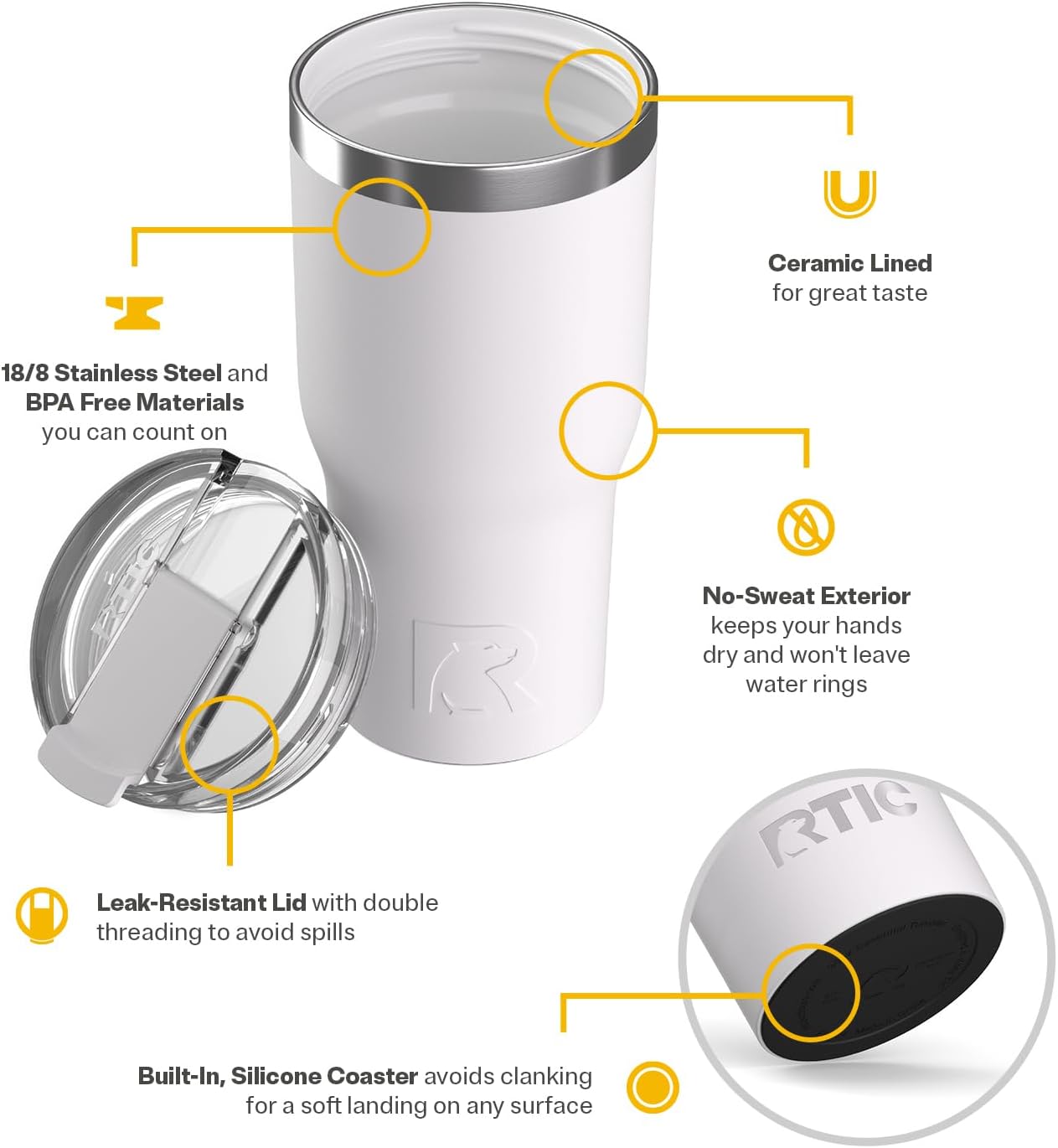 20oz Essential Tumbler with Lid, Ceramic Lined, White | Insulated, Stainless Steel Metal, Portable Travel Cup for Hot and Cold Drinks, Coffee, Car, Camping and Travel