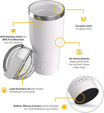 20oz Essential Tumbler with Lid, Ceramic Lined, White | Insulated, Stainless Steel Metal, Portable Travel Cup for Hot and Cold Drinks, Coffee, Car, Camping and Travel