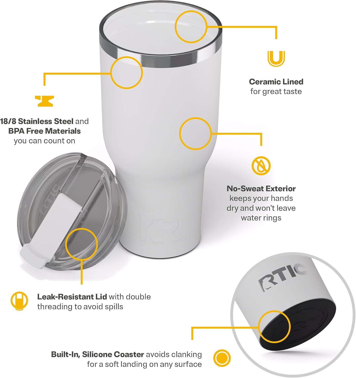 20oz Essential Tumbler with Lid, Ceramic Lined, White | Insulated, Stainless Steel Metal, Portable Travel Cup for Hot and Cold Drinks, Coffee, Car, Camping and Travel