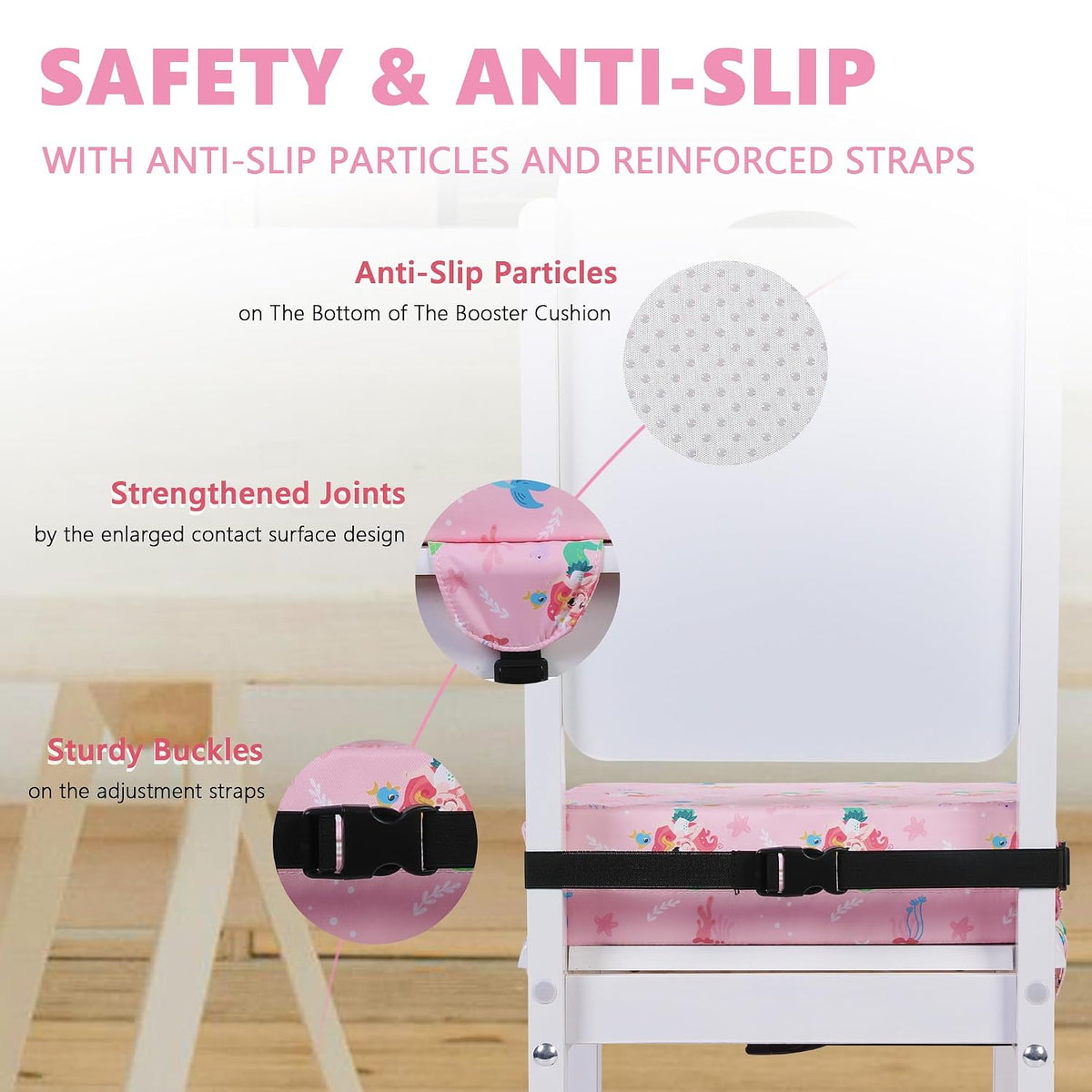 Booster Seat for Kitchen Chair, Toddler Booster Seats for Dining Table with Adjustable Straps Portable for Travel Camping Eating, Booster Cushion for Table for Baby Child Infant Kid Boy Girl
