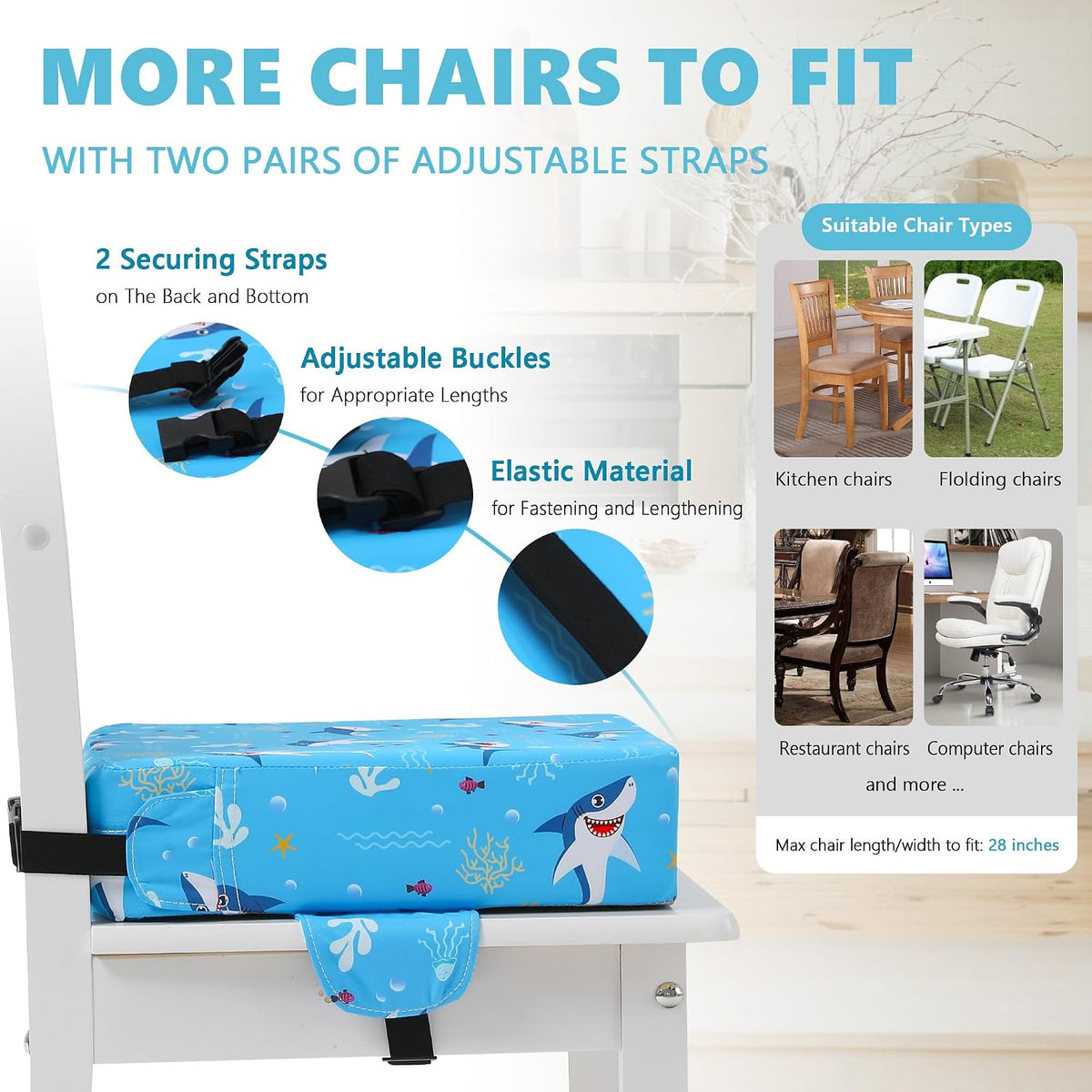 Booster Seat for Kitchen Chair, Toddler Booster Seats for Dining Table with Adjustable Straps Portable for Travel Camping Eating, Booster Cushion for Table for Baby Child Infant Kid Boy Girl