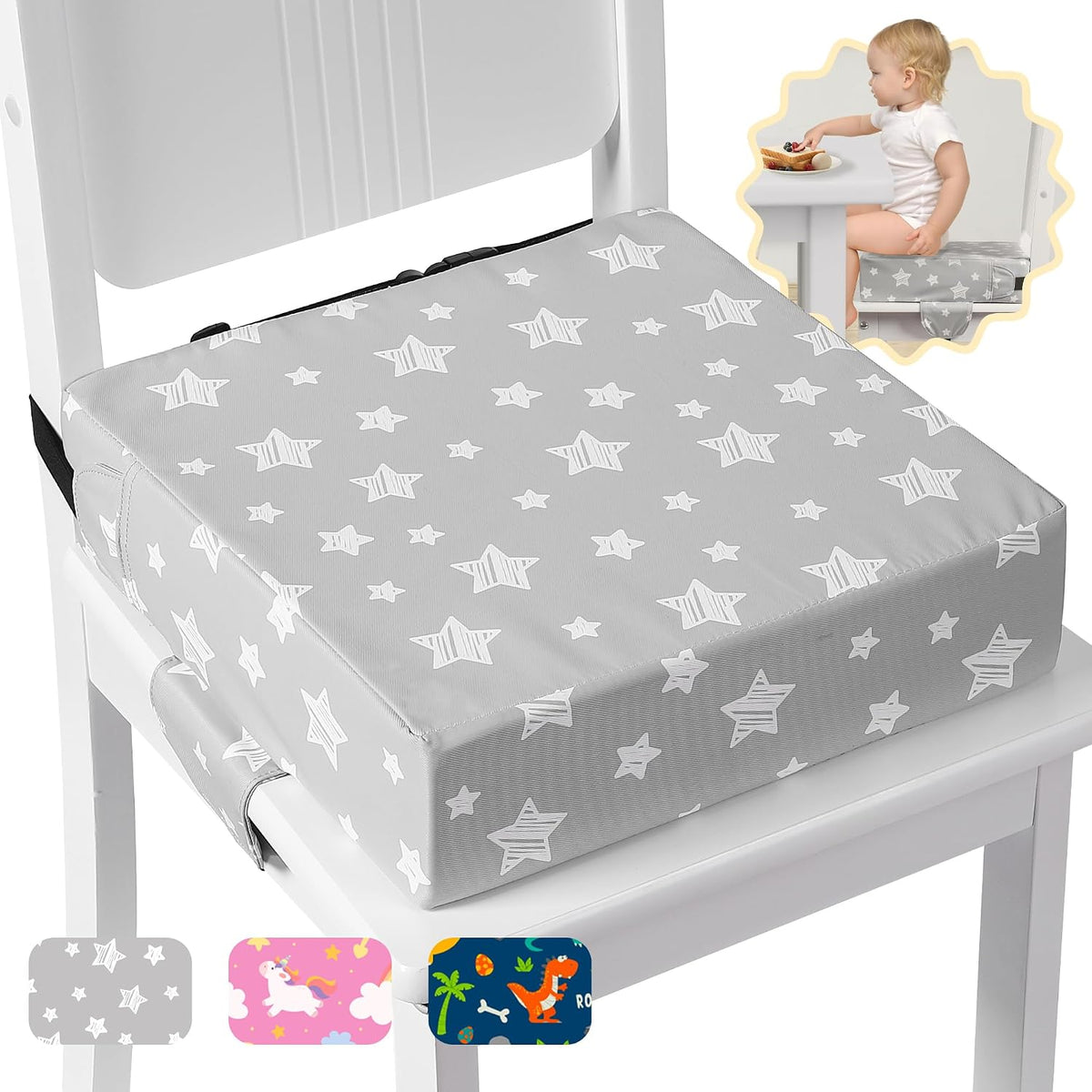 Booster Seat for Kitchen Chair, Toddler Booster Seats for Dining Table with Adjustable Straps Portable for Travel Camping Eating, Booster Cushion for Table for Baby Child Infant Kid Boy Girl