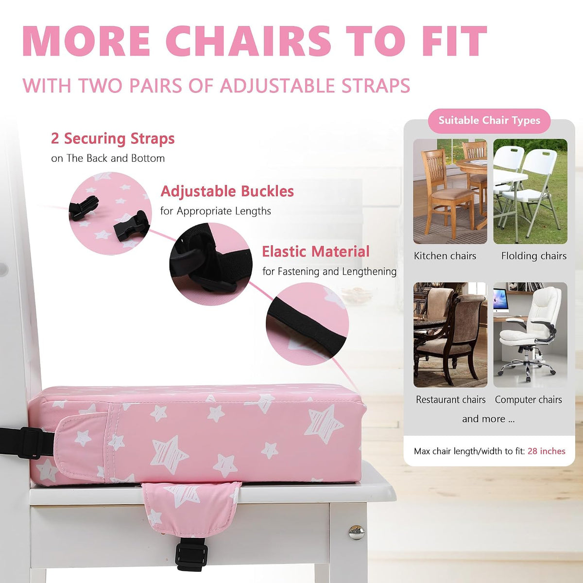 Booster Seat for Kitchen Chair, Toddler Booster Seats for Dining Table with Adjustable Straps Portable for Travel Camping Eating, Booster Cushion for Table for Baby Child Infant Kid Boy Girl