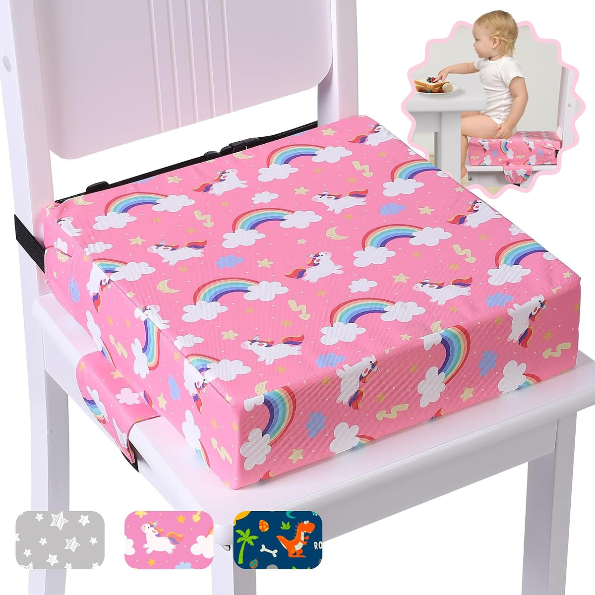 Booster Seat for Kitchen Chair, Toddler Booster Seats for Dining Table with Adjustable Straps Portable for Travel Camping Eating, Booster Cushion for Table for Baby Child Infant Kid Boy Girl