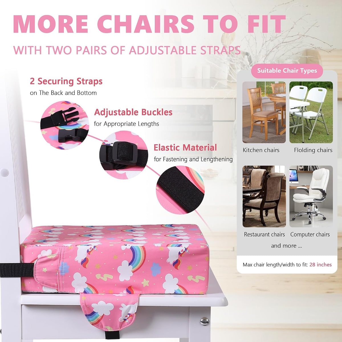 Booster Seat for Kitchen Chair, Toddler Booster Seats for Dining Table with Adjustable Straps Portable for Travel Camping Eating, Booster Cushion for Table for Baby Child Infant Kid Boy Girl
