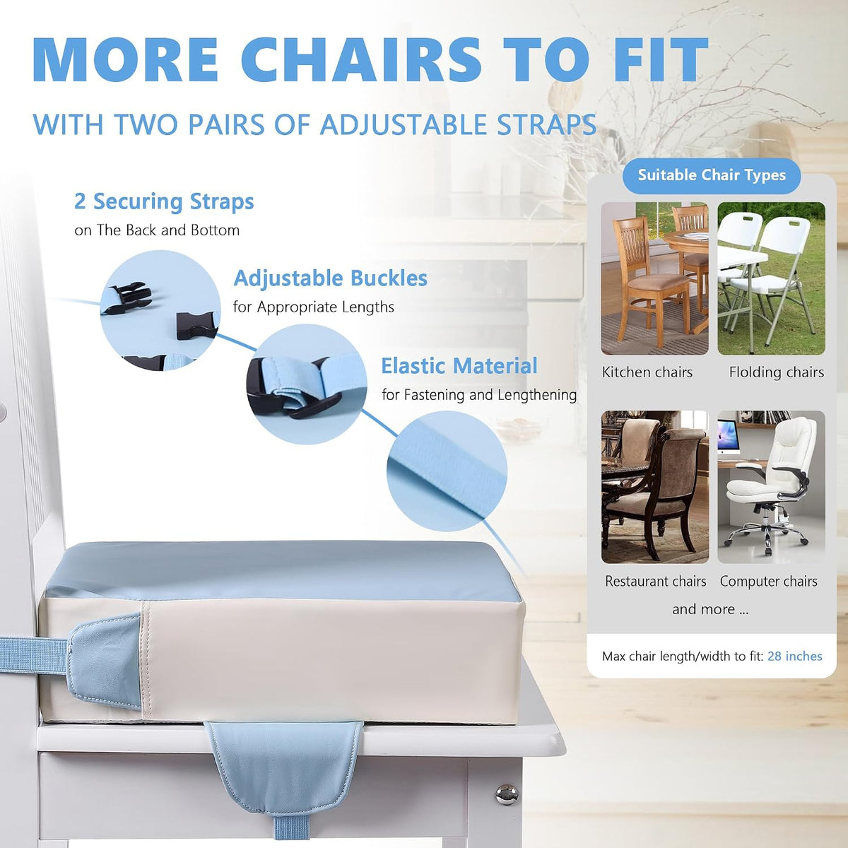 Booster Seat for Kitchen Chair, Toddler Booster Seats for Dining Table with Adjustable Straps Portable for Travel Camping Eating, Booster Cushion for Table for Baby Child Infant Kid Boy Girl