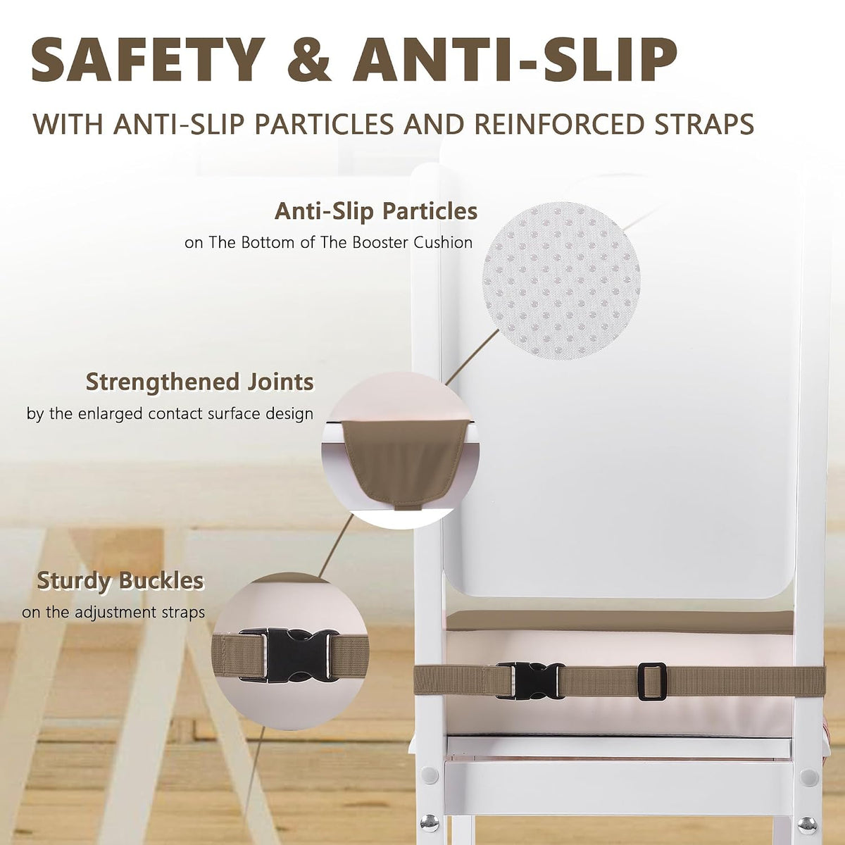 Booster Seat for Kitchen Chair, Toddler Booster Seats for Dining Table with Adjustable Straps Portable for Travel Camping Eating, Booster Cushion for Table for Baby Child Infant Kid Boy Girl