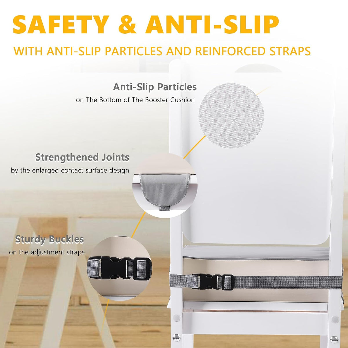 Booster Seat for Kitchen Chair, Toddler Booster Seats for Dining Table with Adjustable Straps Portable for Travel Camping Eating, Booster Cushion for Table for Baby Child Infant Kid Boy Girl