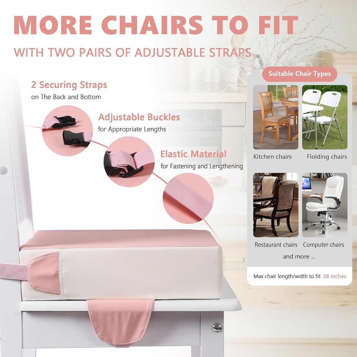 Booster Seat for Kitchen Chair, Toddler Booster Seats for Dining Table with Adjustable Straps Portable for Travel Camping Eating, Booster Cushion for Table for Baby Child Infant Kid Boy Girl