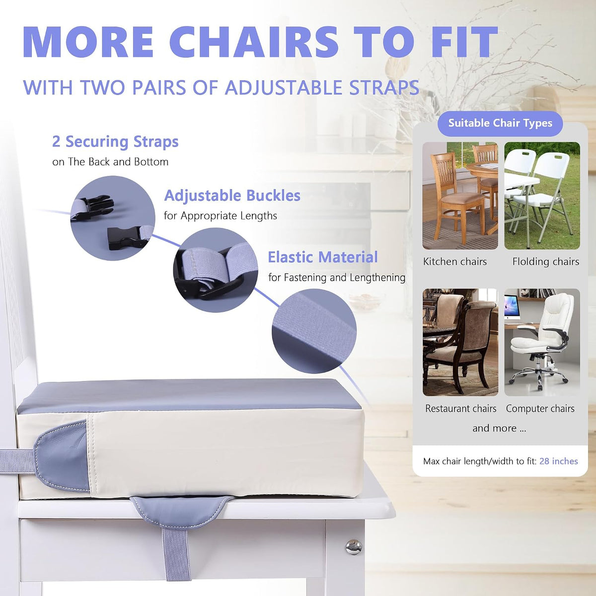 Booster Seat for Kitchen Chair, Toddler Booster Seats for Dining Table with Adjustable Straps Portable for Travel Camping Eating, Booster Cushion for Table for Baby Child Infant Kid Boy Girl
